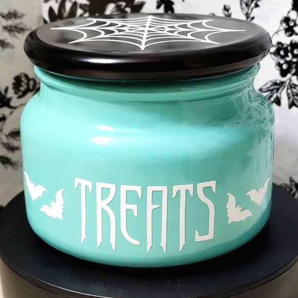 Cute Pastel Goth TURQUOISE TREATS JAR | Black Glass Candy/Cookie Dish with Bats - Picture 1 of 3